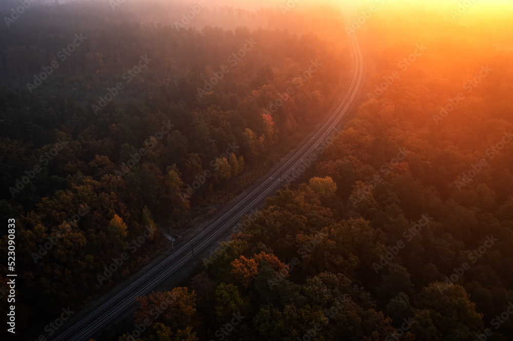 Railway autumn forest dawn view from a height