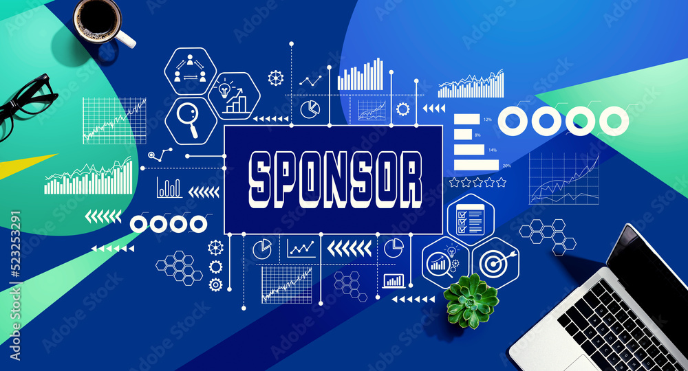 Sponsor theme with a laptop computer on a blue and green pattern background