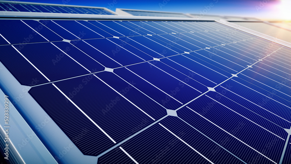 Electric solar battery panels. Solar power plant. Blue solar panels - 3d rendering