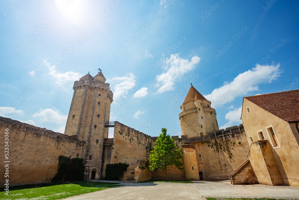 Walls and towers of Blandy-les-Tours castle over blue sky