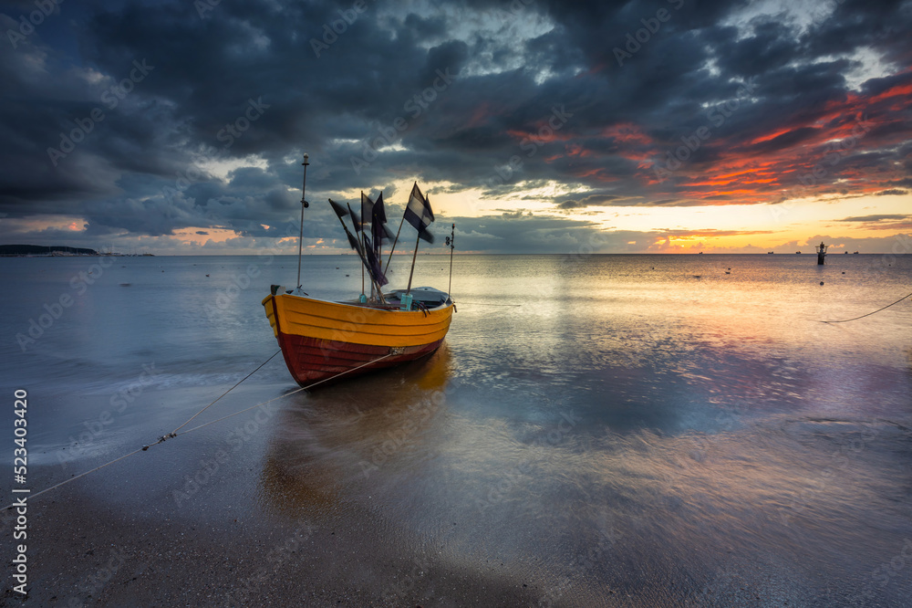 Beautiful sunrise on the beach of Baltic Sea in Sopot, Poland