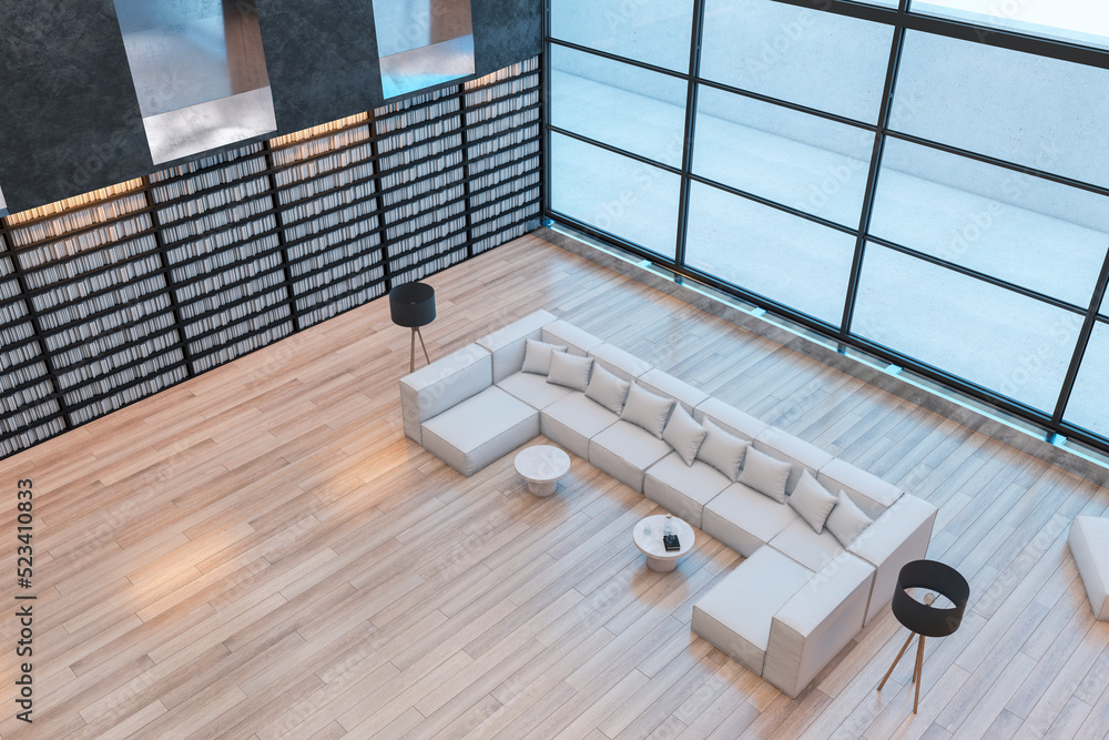 Clean library interior with tall bookshelves, panoramic windows, lounge area and wooden flooring. 3D