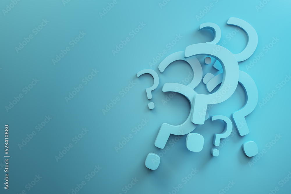 Creative abstract question marks on blue background with mock up place. Ask, solution and FAQ concep