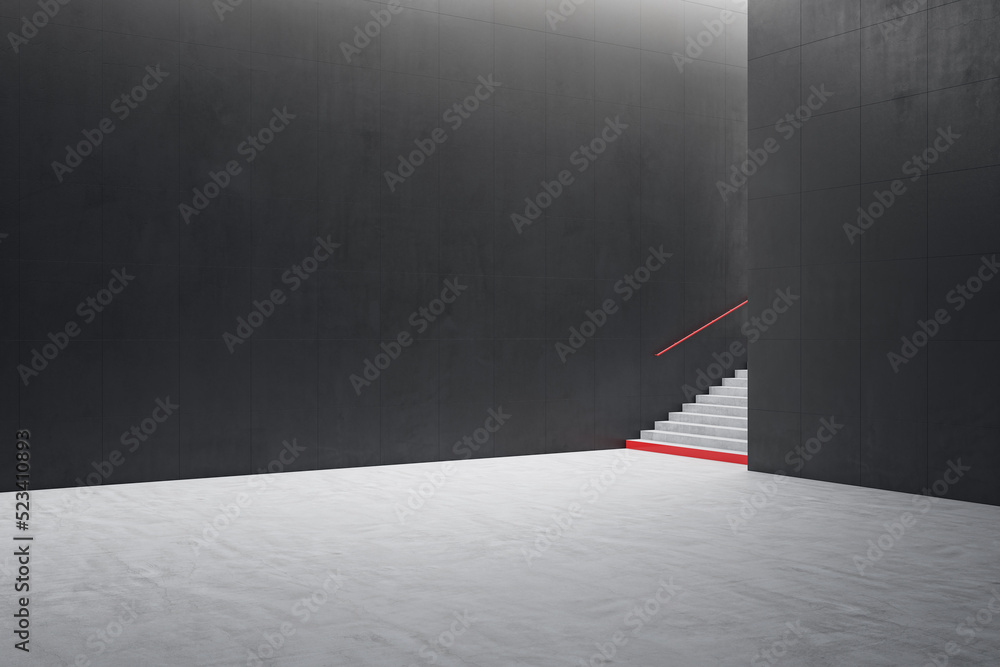 Modern dark concrete tile interior with stairs and mock up place on wall. School hallway and corrido