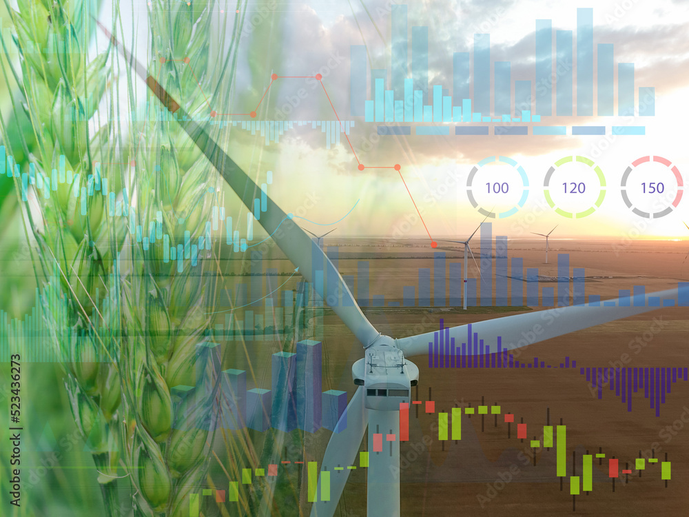 绿色小麦和风车在田间发电的双重曝光。绿色技术