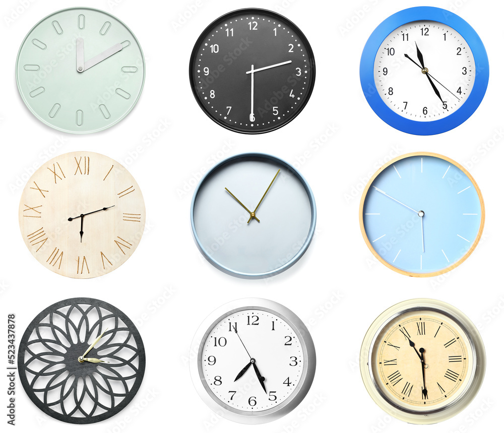 Set of different clocks on white background