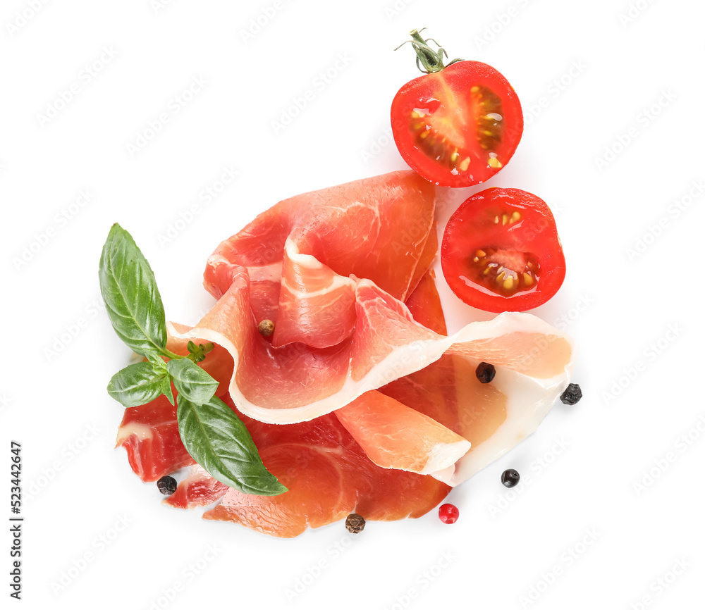 Delicious sliced jamon, spices and tomato isolated on white background