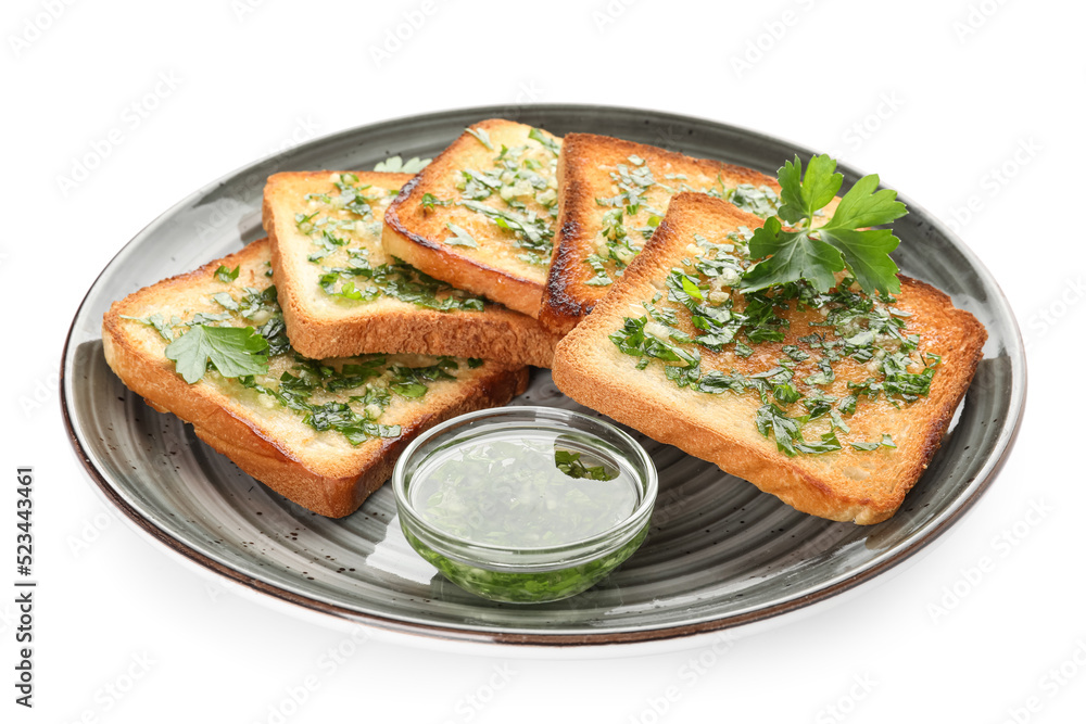 Plate of delicious toasts with garlic and parsley on white background, closeup