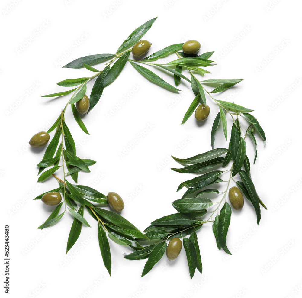 Frame made of green olives and leaves on white background