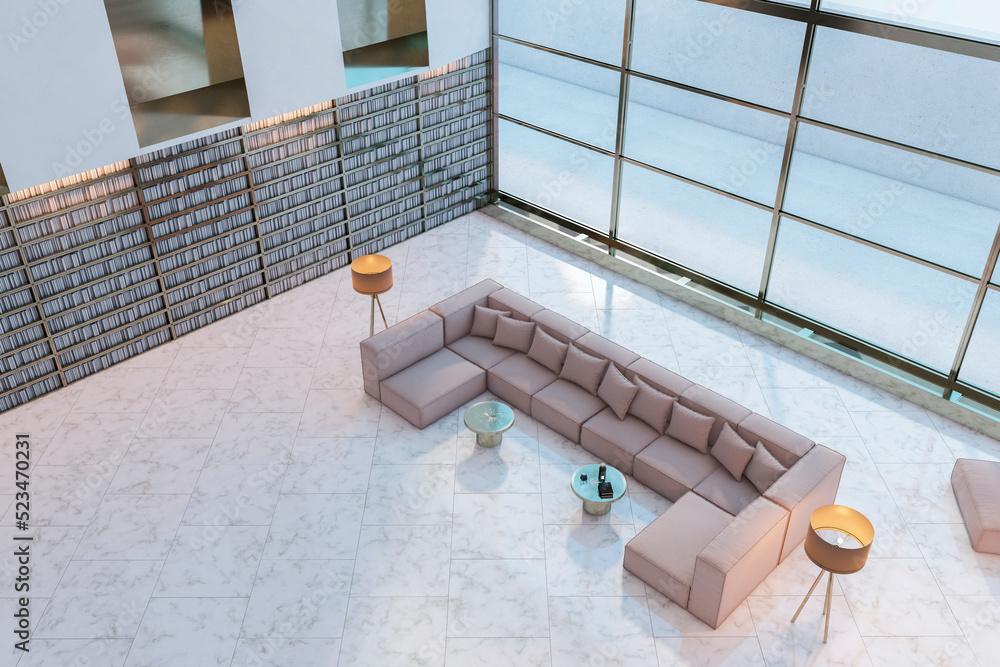 Top view of library interior with tall bookshelves, panoramic windows, lounge area and shiny tile fl