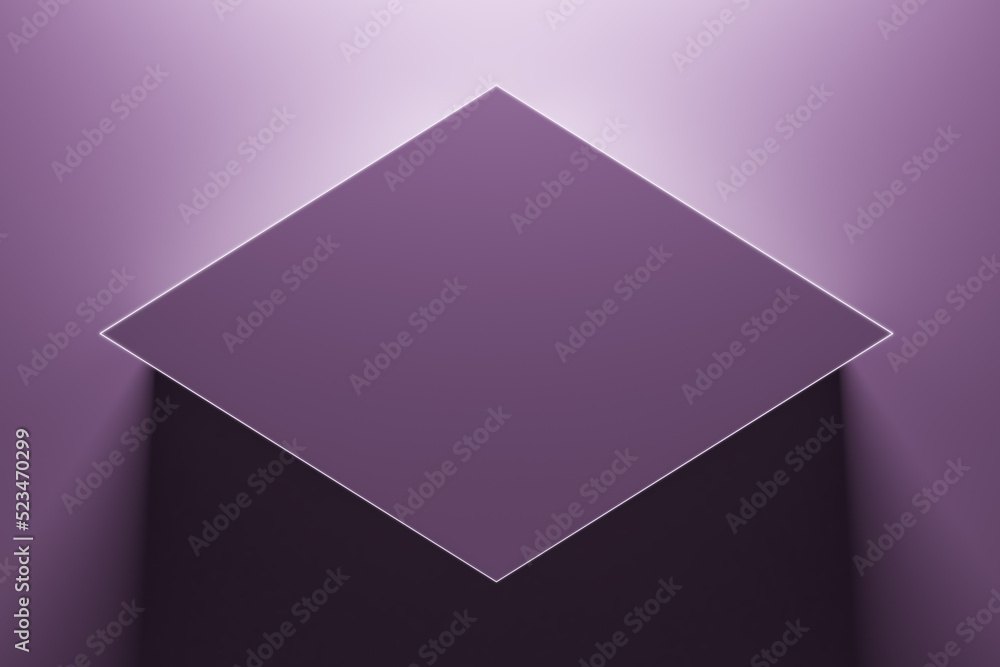 Creative illuminated purple rhombus with mock up place on background. 3D Rendering.