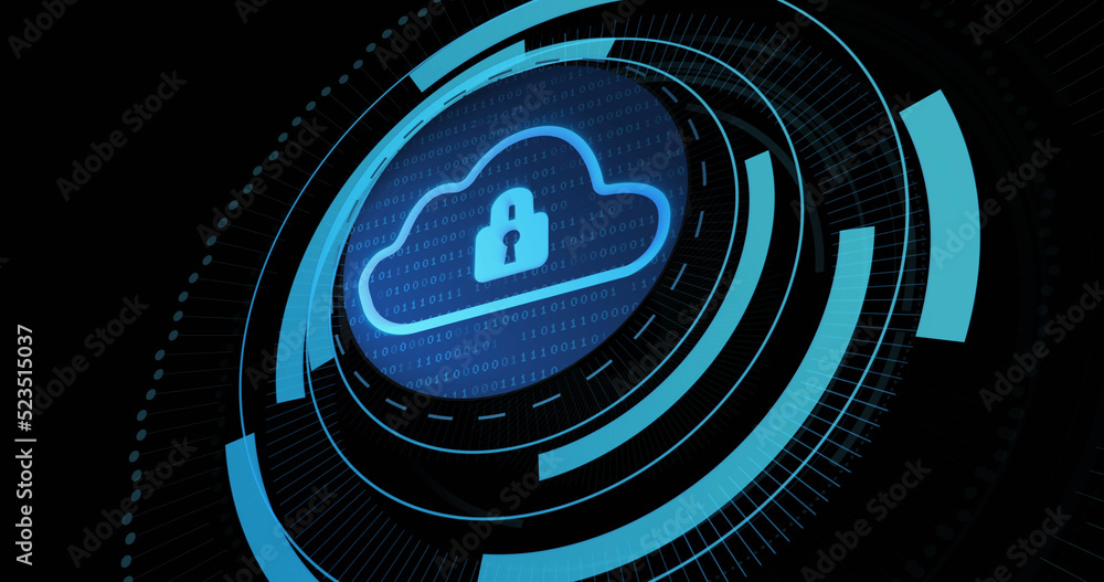 Image of digital cloud with padlock in processing circle on black background