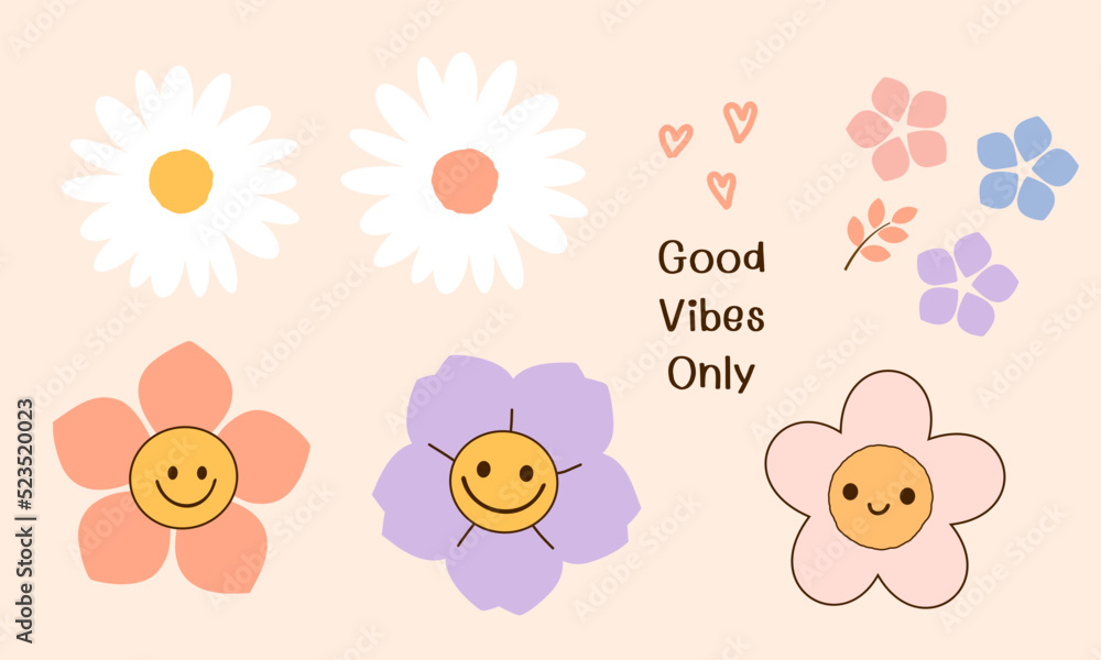 Set of retro daisy cartoons on pink background vector illustration.