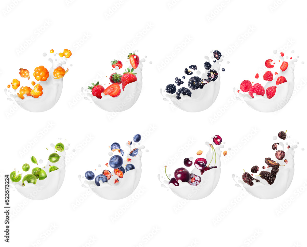 Set of different berries with splashes of milk isolated on a white background