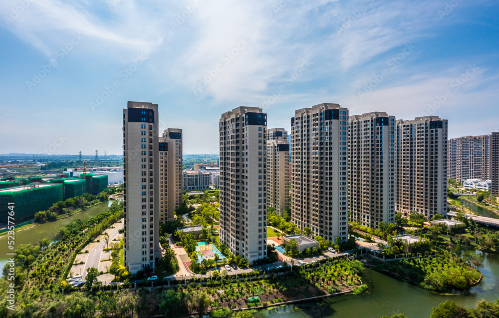 Aerial view of urban buildings residential area scenery in Jiaxing, China, Asia.