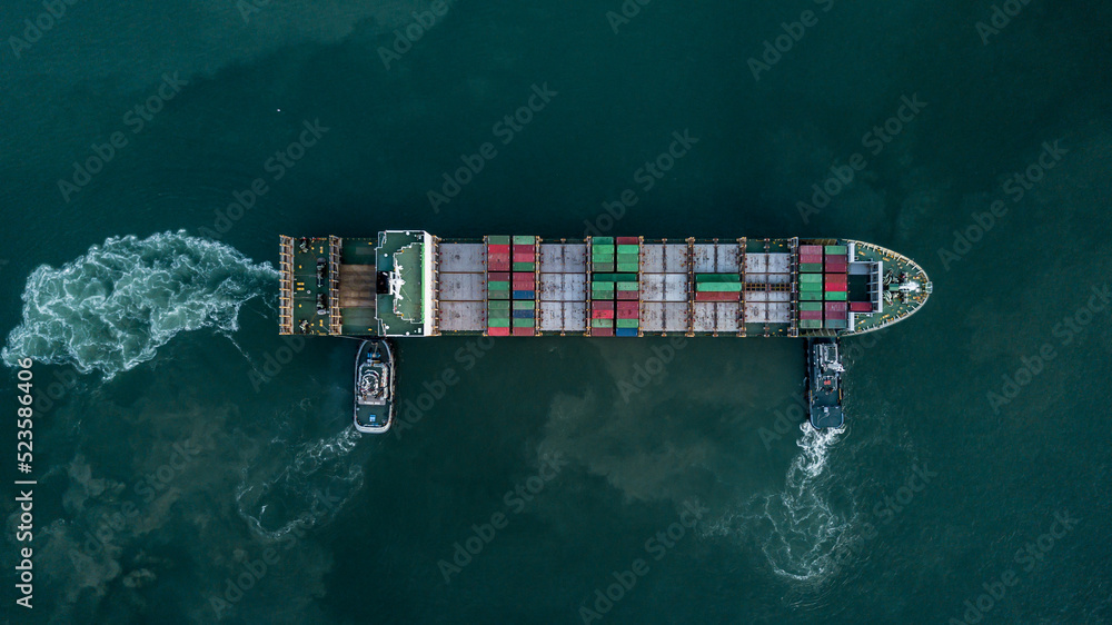 Aerial top view container cargo ship tugboat, Global business logistic import export transportation 