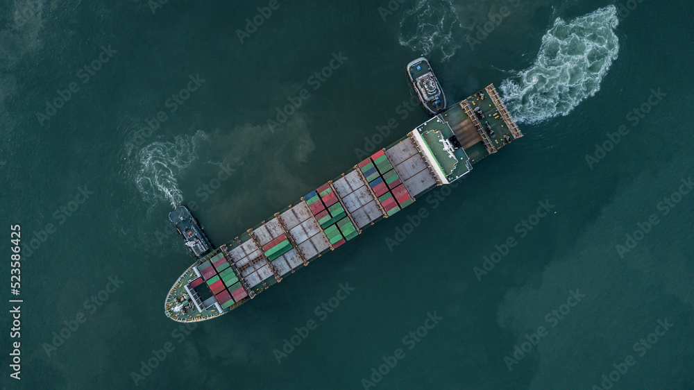 Aerial top view container cargo ship tugboat, Global business logistic import export transportation 