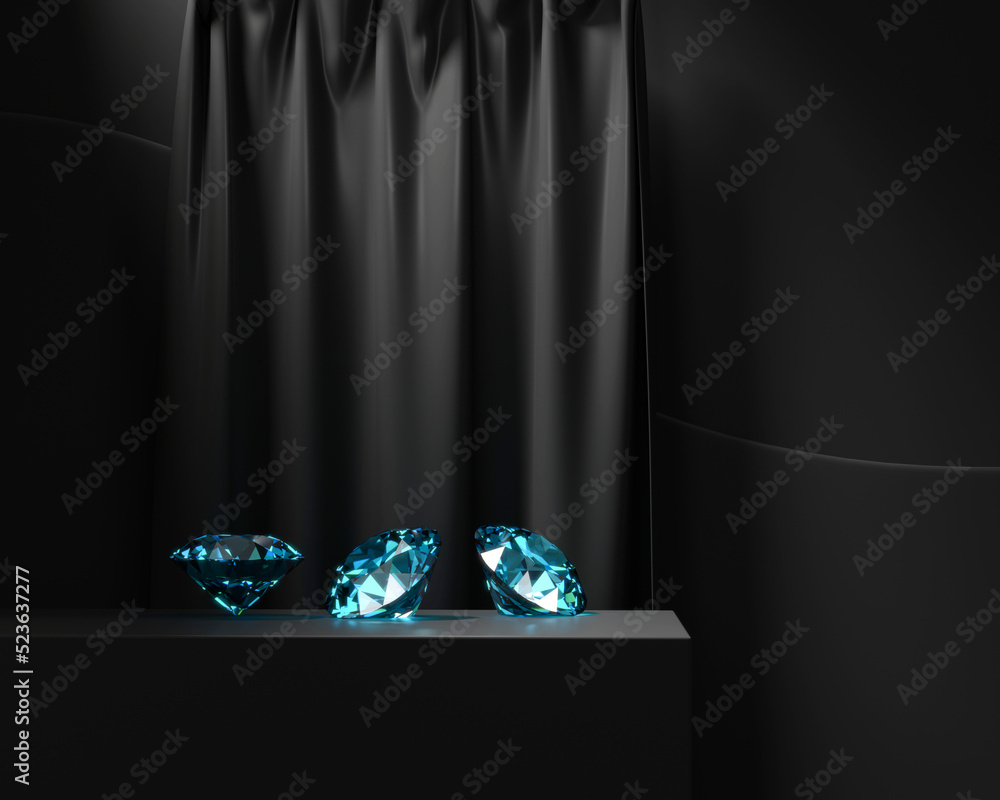 Blue Sapphire Diamond placed on black podium with curtain background 3d rendering