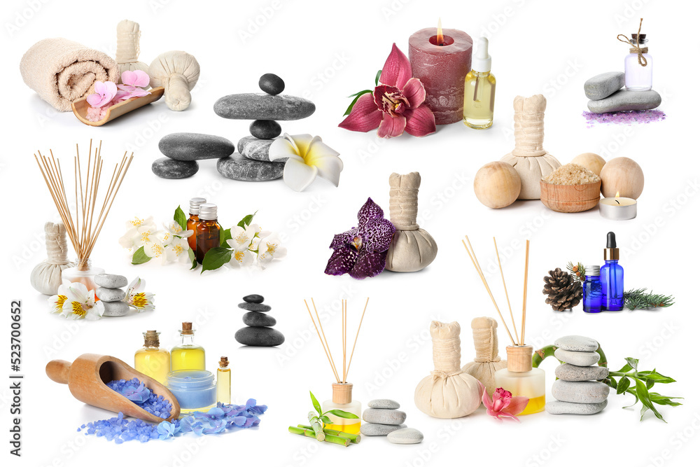 Set of spa supplies isolated on white