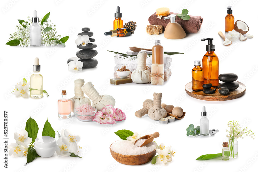 Set of spa supplies isolated on white