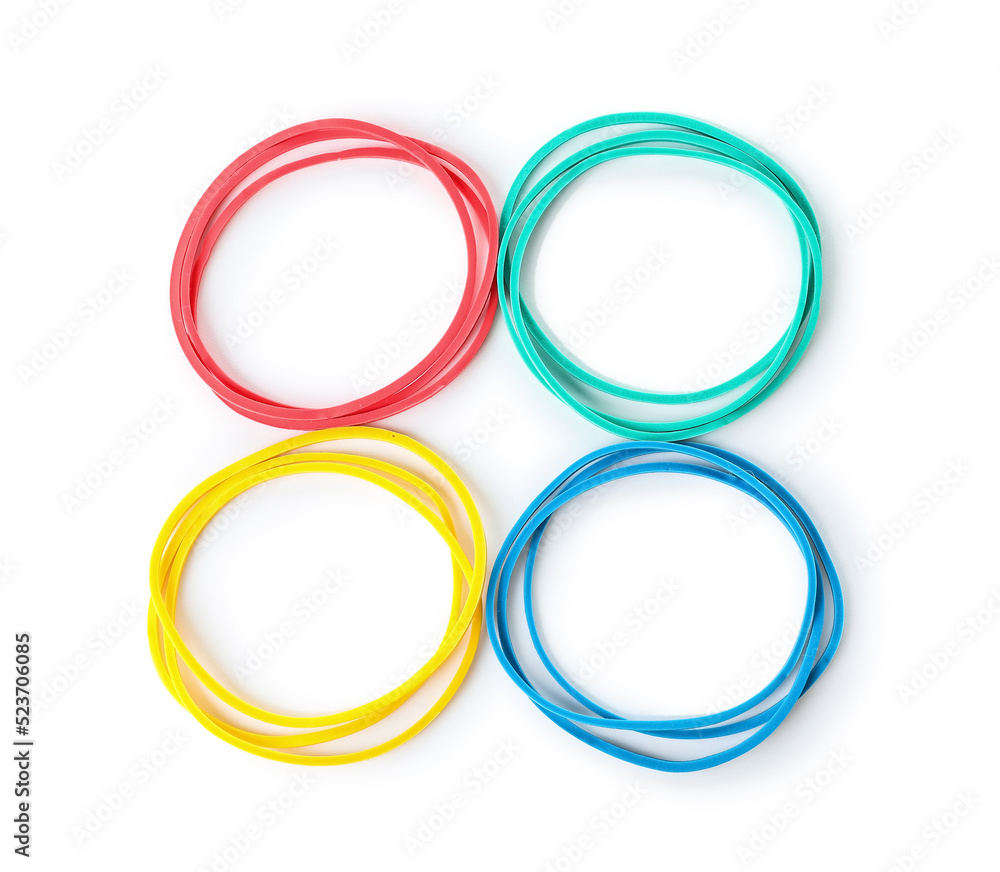 Many elastic rubber bands on white background