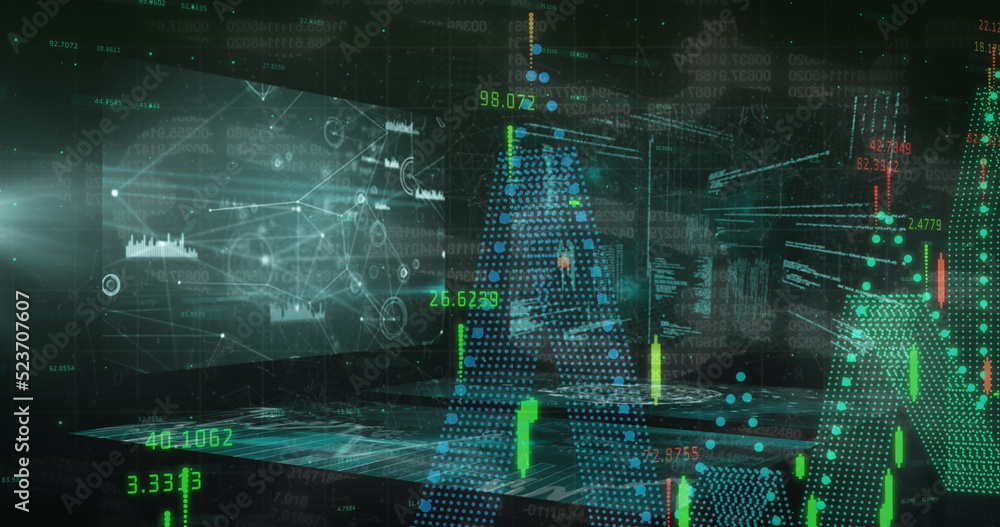 Image of chains over data processing and digital screens