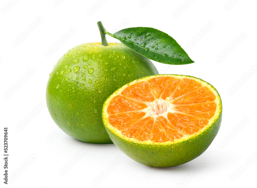 Tangerine orange with water droplets and cut in half isolated on white background. Clipping path.