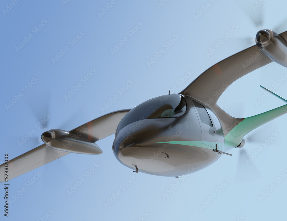 Electric VTOL passenger aircraft  flying in the sky. 3D rendering image.