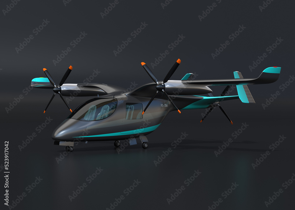 Electric VTOL passenger aircraft on black background. Urban Passenger Mobility concept. 3D rendering