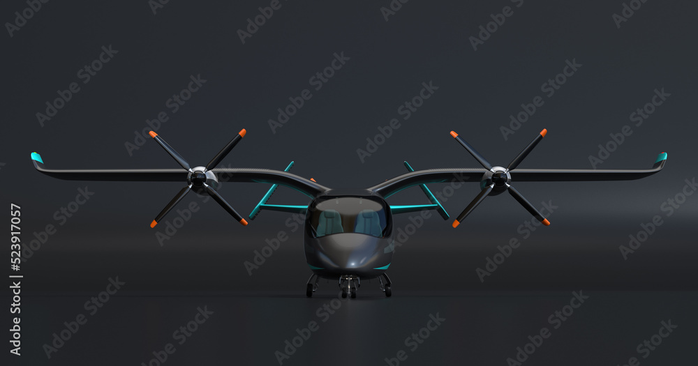 Front view of Electric VTOL passenger aircraft on black background. Urban Passenger Mobility concept