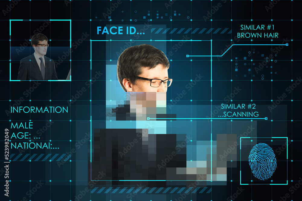 Abstract image of european man face ID scanning. Digital scan and biometric recognition.