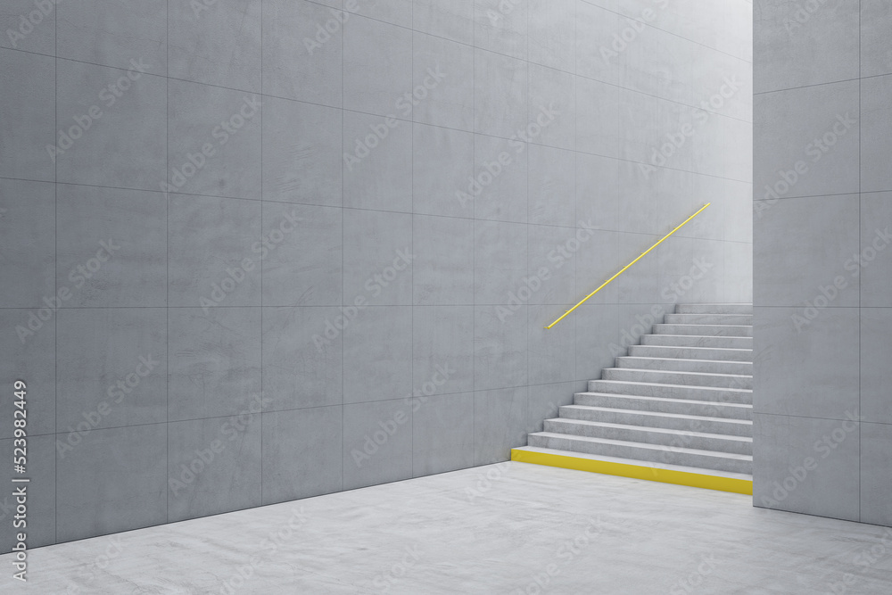 Creative light concrete tile interior with stairs and mock up place on wall. School hallway and corr