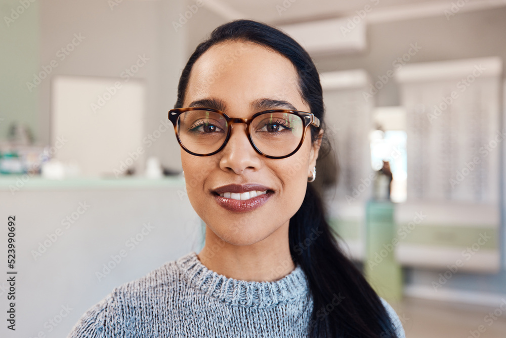 New glasses at optometrist checkup, buying eyewear and fitting frames at a shop. Closeup portrait of