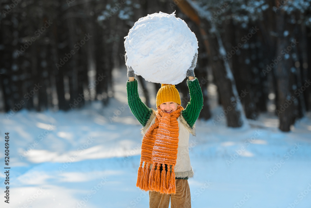 快乐微笑的男孩在玩一个巨大的雪球。儿童冬季娱乐。一个孩子在雕刻