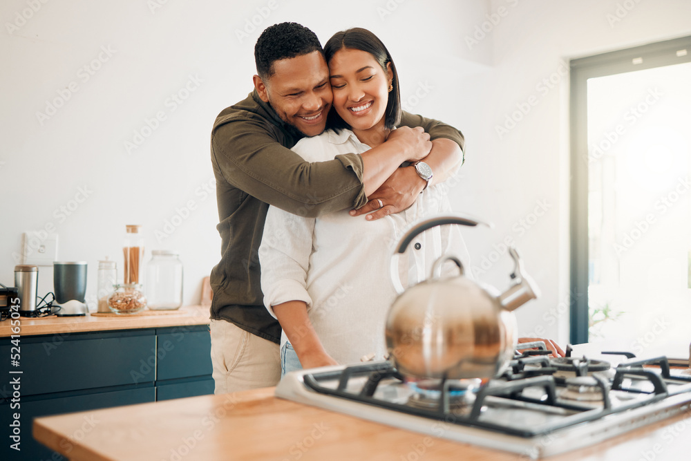 Romantic, love and bonding couple hugging while enjoying quality time together at home. Loving husba