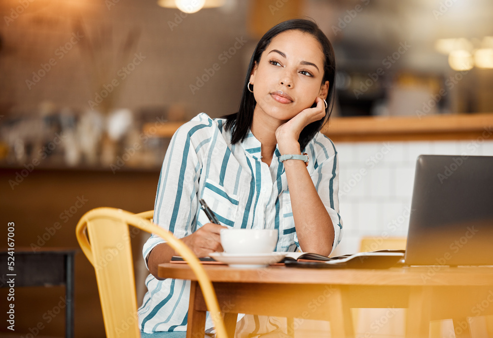 Thinking, wondering and planning woman having a coffee while working remotely on laptop at cafe. Fre