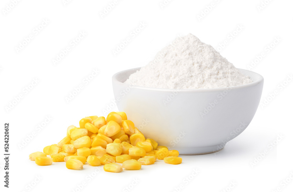 Corn starch with corn seeds isolated on white background.