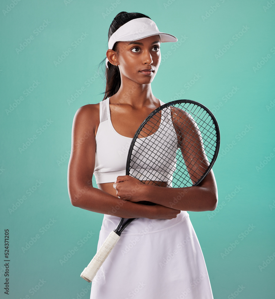 Thinking tennis player, fitness athlete and active woman ready for training with racket in cool fash