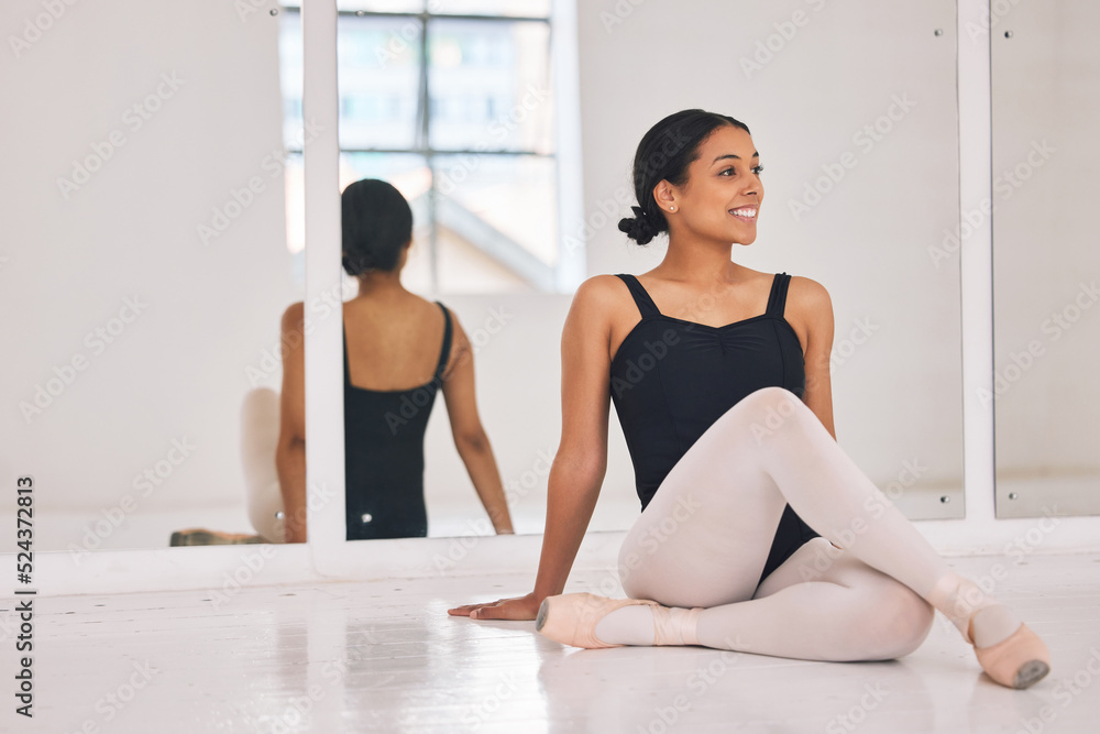 Ballet, ballerina and dancer sitting on floor during break and rest from dancing beautiful, elegant 