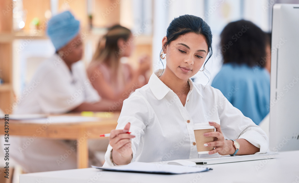 Business intern writing notes, planning ideas and brainstorming while working on strategy in a start