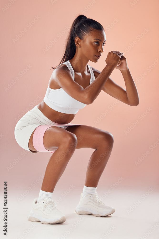 Squat, exercise and fit female athlete in a training workout for glutes, buttocks and muscle in a st