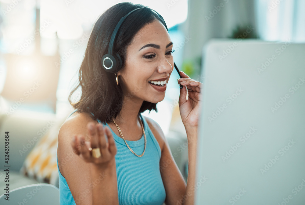 Call centre, customer service and agent with headset, computer and talking to customers, helping or 