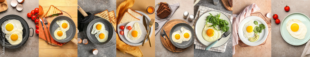 Collage with tasty fried eggs, top view