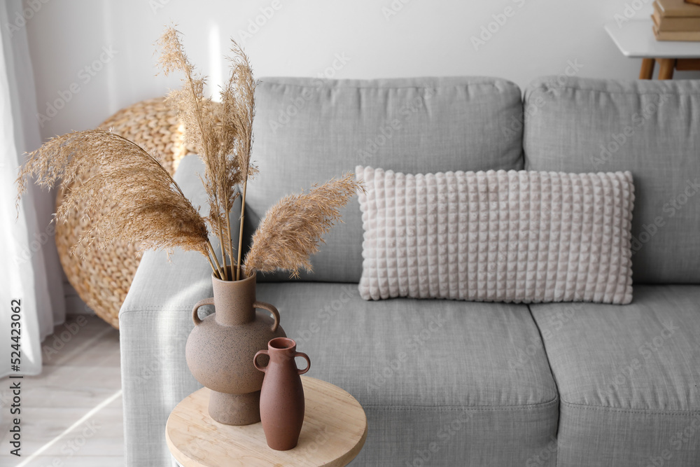 Vases with dry reed and sofa in living room