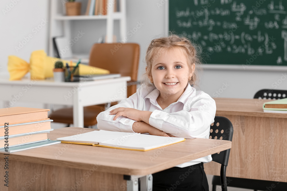 可爱的小一年级学生坐在教室的桌子旁