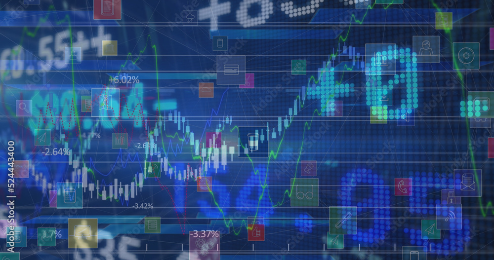 Image of stock market, icons and financial data processing over blue background