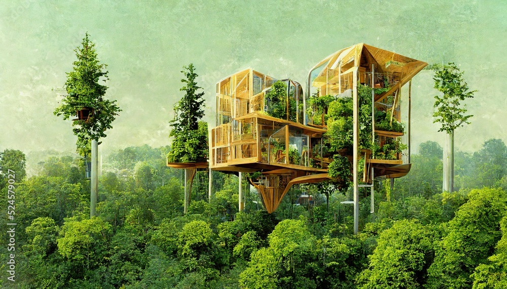 Spectacular image of a sustainable tree house surrounded by greenery in the woods for ESG concept. E