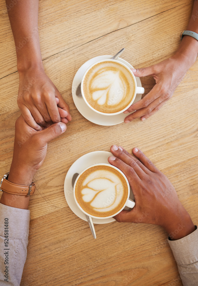 Coffee shop, dating and couple holding hands from top view at cafe. Married boyfriend and girlfriend