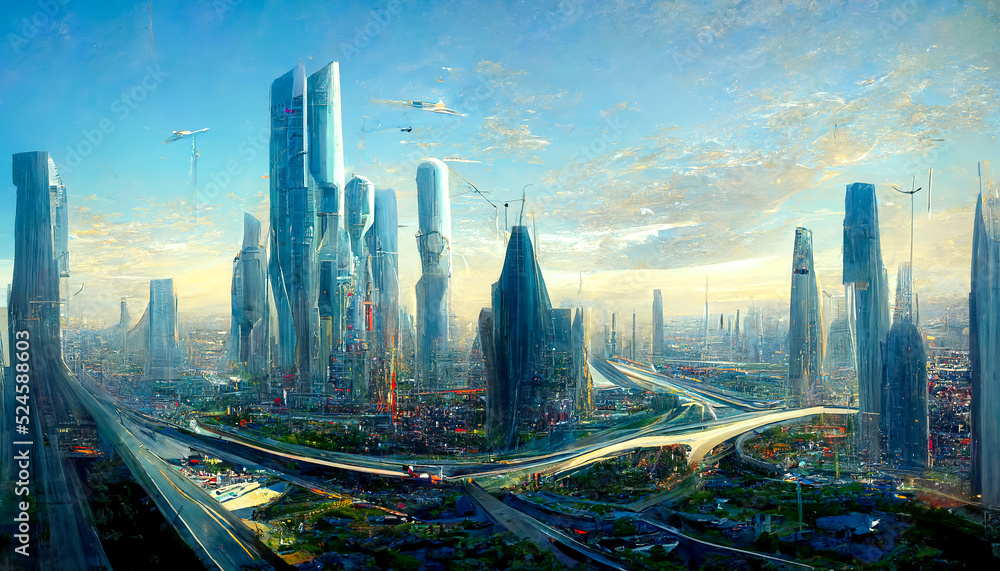 High-rise buildings, flying vehicles, and lush vegetation all coexist in futuristic fantasy cityscap