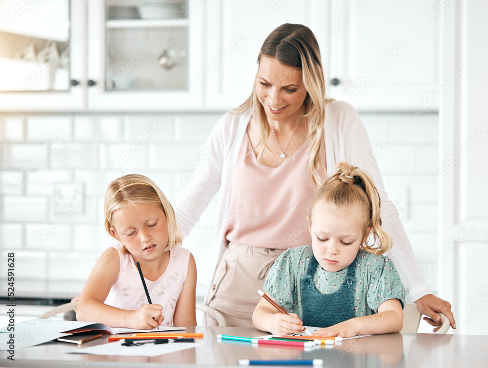 Education, learning and homework with a girl, her sister and their mom in the kitchen at home. Singl